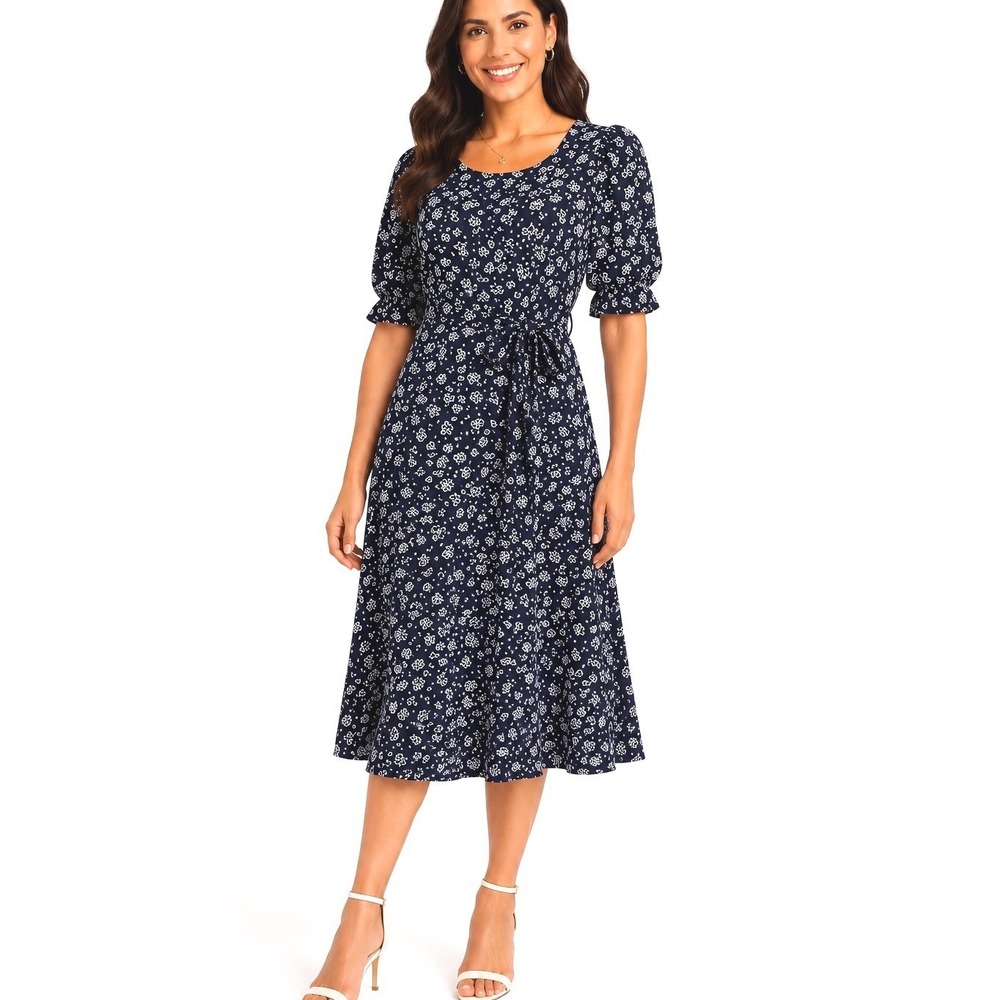 DKNY Fit & Flare Midi Blue Floral Dress 10 Belted Garden Wedding Cottagecore